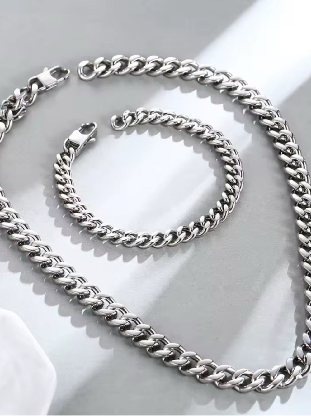 Women,men Silver Chain Necklace and Bracelet Set - Modern Curb Link